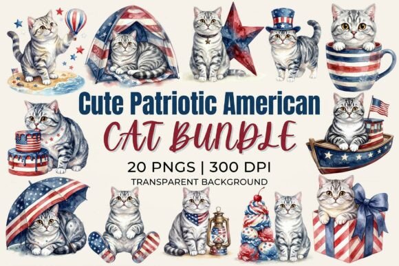 Celebrate American Pride with Adorable Patriotic Cat Clipart