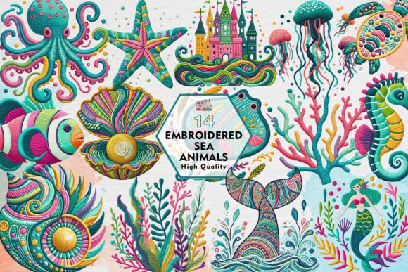 Embroidered Sea Animals Clipart PNG: Coastal Charm for Modern Design