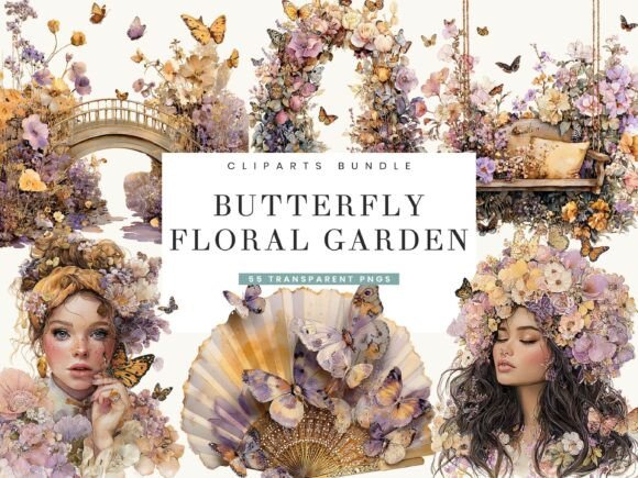 Enchanting Watercolor Art: The Butterfly Floral Garden Clipart Bundle