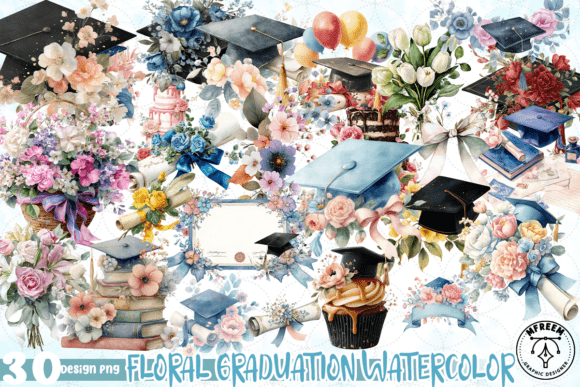 Floral Graduation Watercolor PNG: Elegant Design Asset for Celebratory Projects