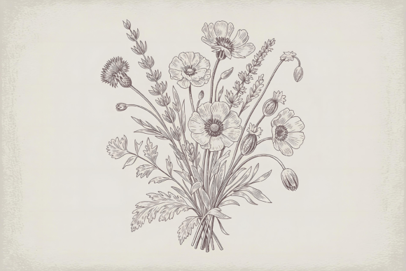 Retro Sketch Wildflower Bouquet: A Vintage Floral Asset