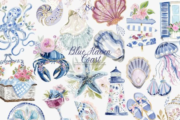 Romantic Coastal Clipart PNG Set: Soft Pastel Design Elements