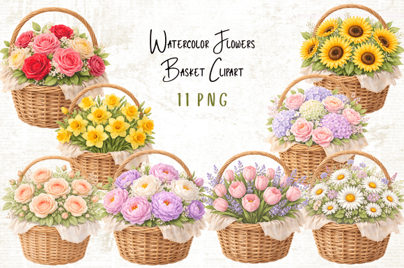 Watercolor Flowers Basket Clipart: A Fresh Take on Botanical Design