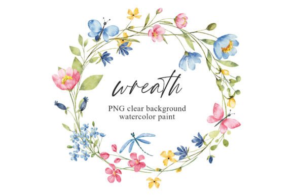 Wreath, Watercolor Flowers, Butterflies: A Fresh Design Asset